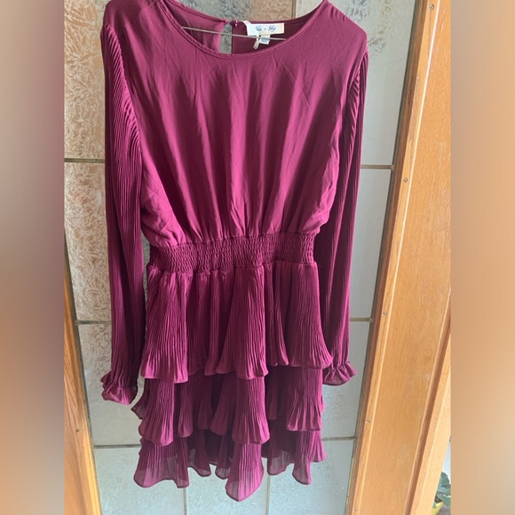 SHE + SKY LONG SLEEVE PLEATED RUFFLE DRESS IN “WINE”  19” PTP + STRETCH - Picture 3 of 5